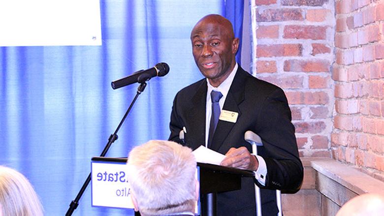 Chancellor Francis Achampong speaks during the Mont Alto LaunchBox ribbon-cutting.